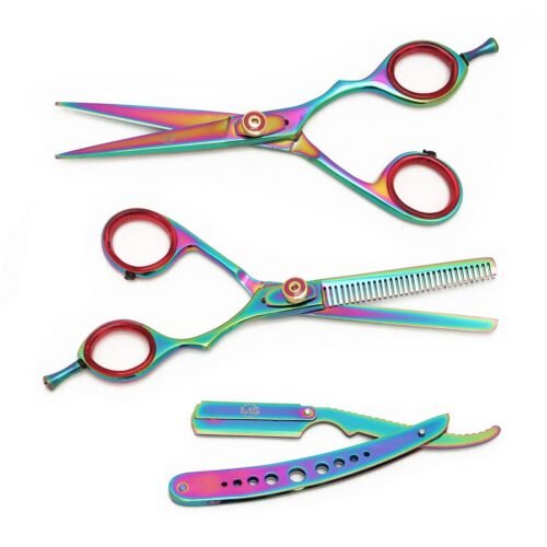 TIJERAS-MS-011-1 Tijeras para Cortar Cabello con Porta Navaja Color tornasol MS 3 pz