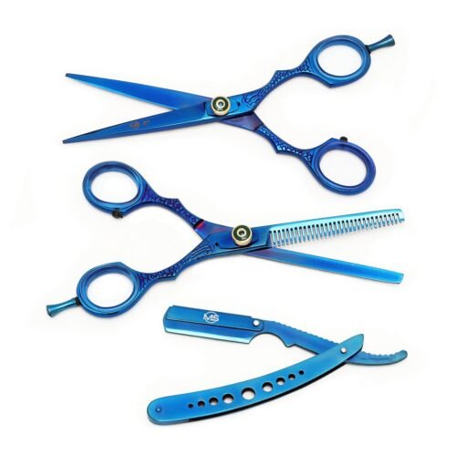 TIJERAS-MS-012-1 Tijeras para Cortar Cabello con Porta Navaja Color Azul Acero con Textura MS 3 pz
