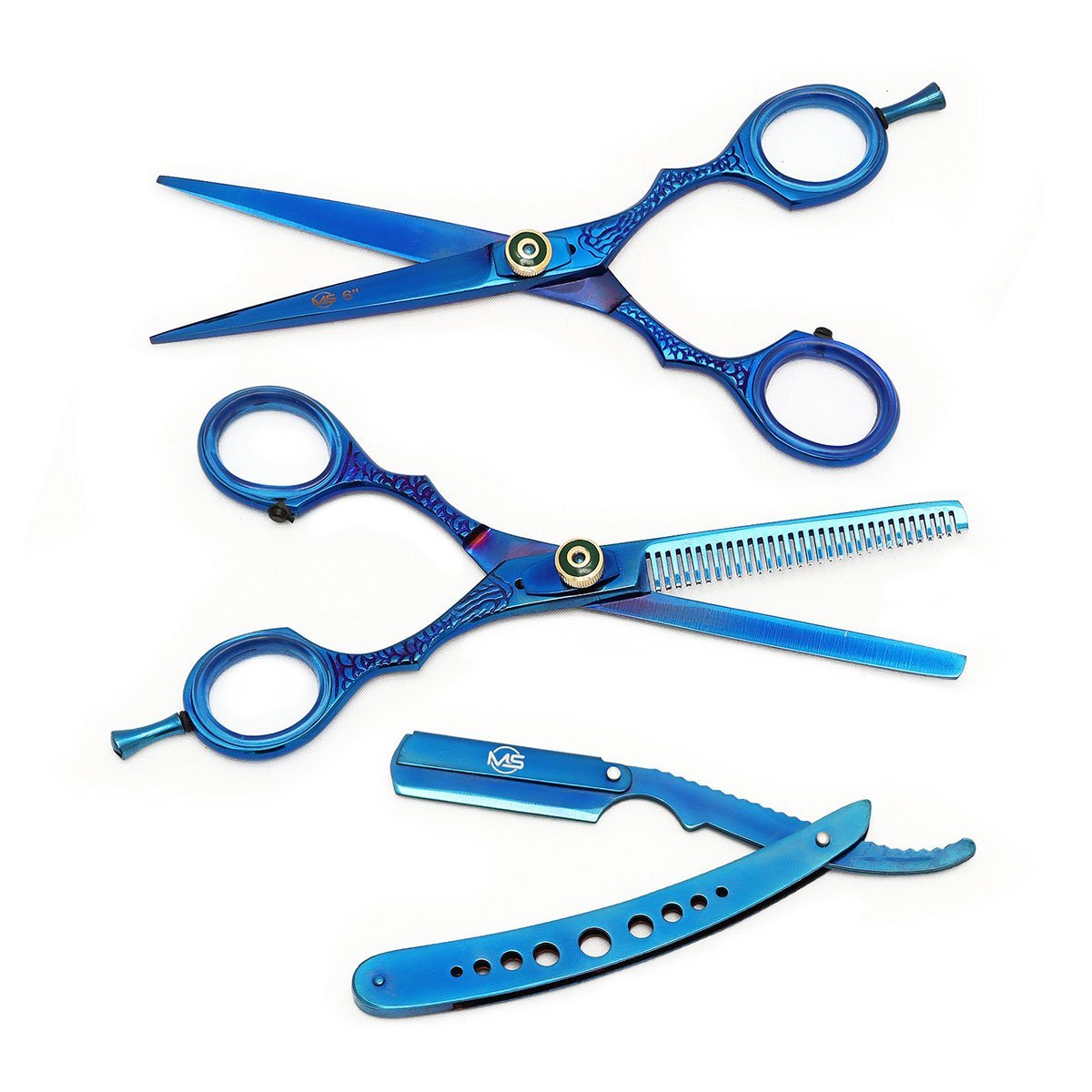 Tijeras para Cortar Cabello con Porta Navaja Color Azul Acero con Textura MS 3 pz