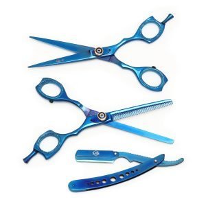 Tijeras para Cortar Cabello con Porta Navaja Color Azul Acero MS 3 pz