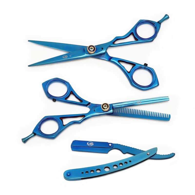 Tijeras para Cortar Cabello con Porta Navaja Color Azul Acero MS 3 pz