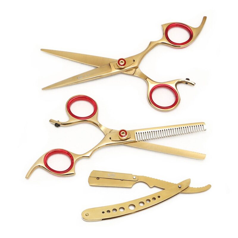 Tijeras para Cortar Cabello con Porta Navaja Color Dorado MS 3 pz