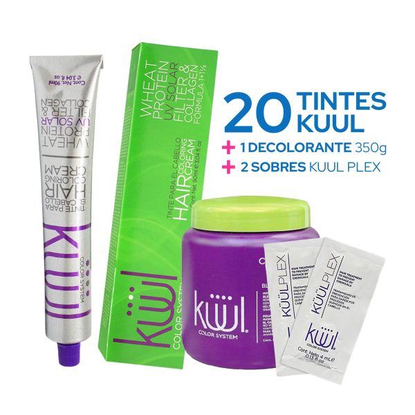 Promoción paquete 20 tintes Kuul + decolorante 350g + 2 sobres kuul plex