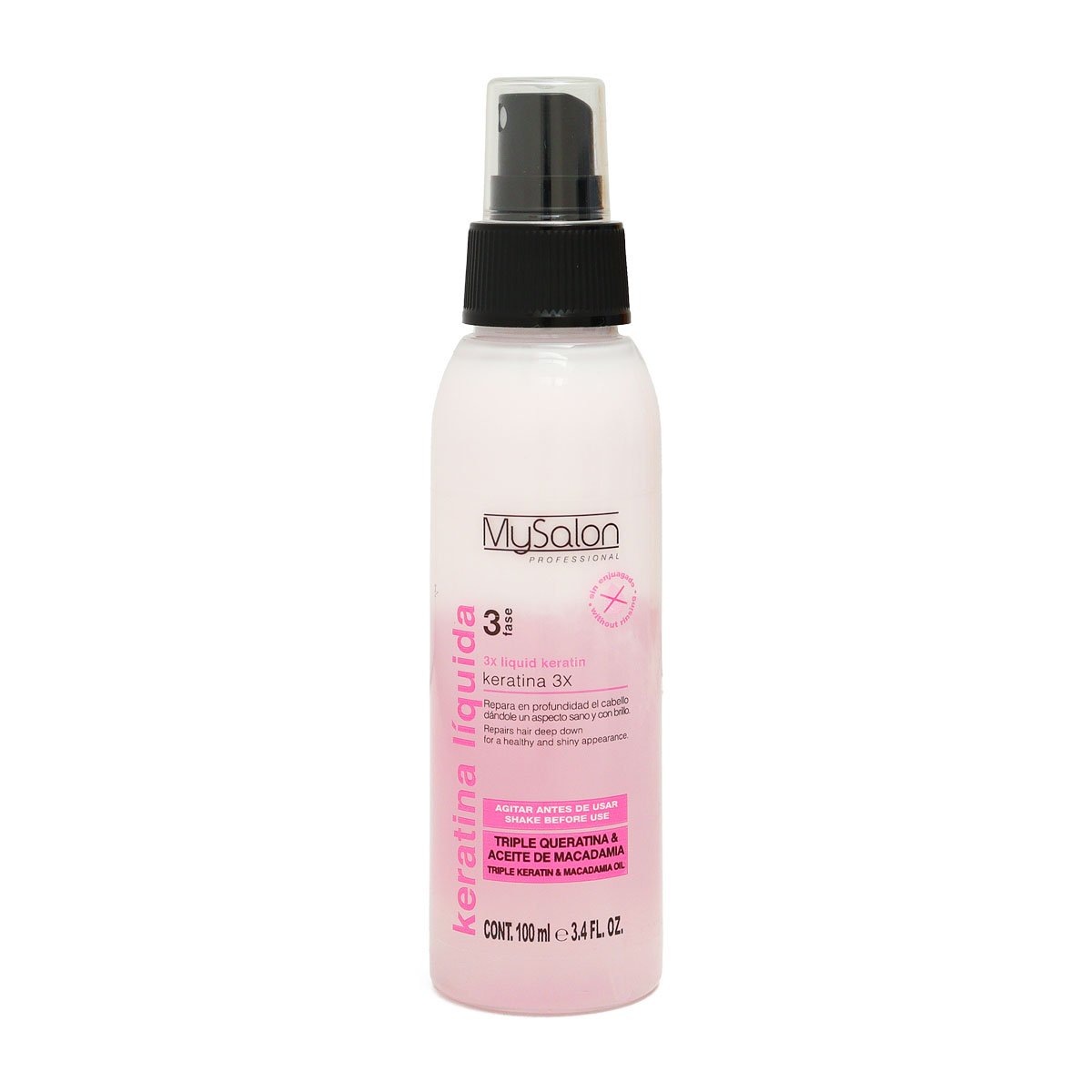 Keratina liquida reparadora MySalon 3 Fases de 100 ml con aceite de macadamia para brillo intenso.