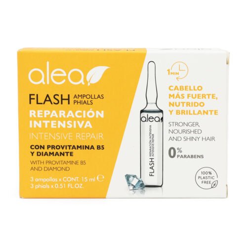 Ampolleta para cabello Alea Reparación Intensiva con provitamina B5 y diamante para fortalecer y dar brillo al cabello dañado.